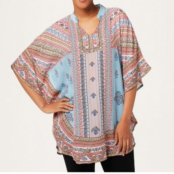 Tolani Tops - Tolani Mandarin Collar Printed Woven Caftan Tunic